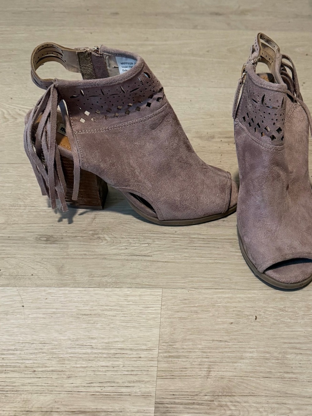 Not Rated Mauve Suede Peep-Toe Ankle Booties with Fringe